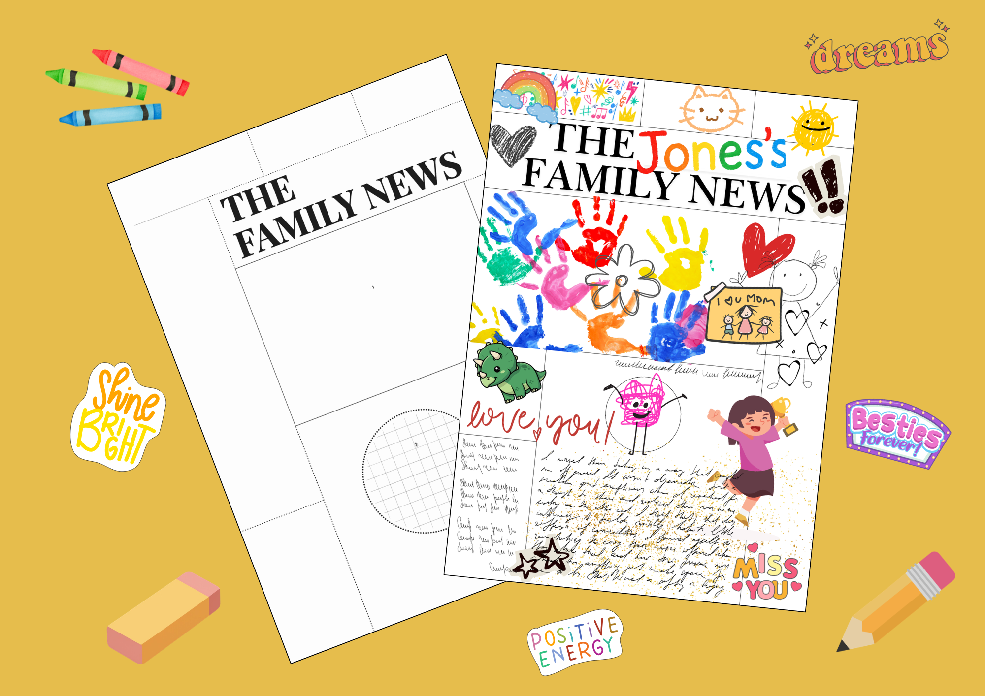 The Family News newspaper kit – blank template and filled example on a yellow background